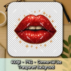 Imágenes prediseñadas de labios rojos brillantes y glamurosos: gráfico PNG de labios brillantes con reflejos dorados y plateados, sublimación de camisetas glamurosas