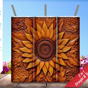 Tooled Leather Sunflower Pattern! 20oz Skinny Tumbler, Personalized tumbler, Sublimation Design for tumblers, Tumbler Wrap, Instant Download