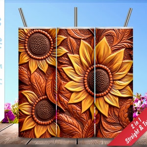 Tooled Leather Sunflower Pattern! 20oz Skinny Tumbler, Personalized tumbler, Sublimation Design for tumblers, Tumbler Wrap, Instant Download