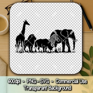 Safari Friends Animal Silhouette SVG | Giraffe Lion Rhino Zebra Elephant Clipart | African Wildlife Cut File for Cricut & Laser