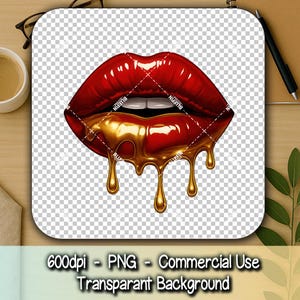 Labios dorados con gotas: labios rojos brillantes con gotas de oro metálico / Camiseta glamurosa de lujo PNG