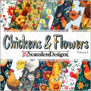 Chickens & Flowers vol. 1 SEAMLESS - Digital Paper-Backgrounds-Sublimation - 15 Designs (12x12in @ 300dpi) -Commercial Use, Instant Download