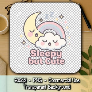 Sleepy but Cute Kawaii Cloud & Moon Clipart PNG | Pastel Rainbow and Stars T-shirt Graphic | Cute Digital Sublimation Design