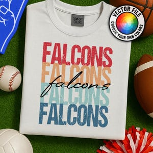 Falken Gestapelte Retro Sonnenuntergang Distressed Grafik, Vintage Sport Maskottchen Shirt Design, Schulgeist PNG Sublimation