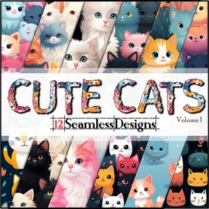 Cute Cats vol. 1 SEAMLESS - Digital Paper - Backgrounds - Sublimation - 12 Designs (12x12in @ 300dpi) - Commercial Use, Instant Download