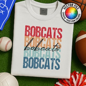 Bobcats Gestapelte Retro Sonnenuntergang Distressed Grafik, Vintage Sport Maskottchen Shirt Design, Schulgeist PNG Sublimation