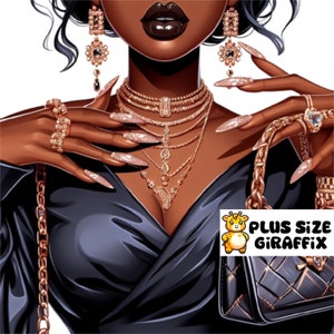 Luxury Girl Printable Wall Art, Gold Jewelry, Fancy Purse and Nails, Black Girl Art, PNG, Black Designer Dress, Bougie Unbothered Clipart