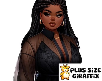 Plus Size PNG Printable Art, Chubby Black Woman with Braids Wall Decor, Plus Size Wall Art, Curvy Woman Clipart, Plus Size Black Girl AI Art