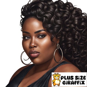 Black Woman Black Dress PNG Poster Art, Plus Size Wall Art, Digital Illustration, Instant Download, Affordable Wall Art, Curvy Woman Clipart