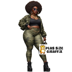 Sexy Chubby Camo PNG, Printable Art, BBW Black Woman Wall Decor, Afro Hair, Plus Size Wall Art, Curvy Woman Clipart, Plus Size Black Girl