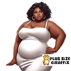 Beautiful black woman wearing sexy white dress, Print at home Art, Instant Download poster, Sexy Plus Size Wall Art, curvy black woman png