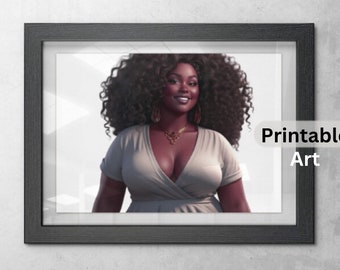 Smiling Woman Wall Art | Printable Art | Instant Download | Melanin Wall Art | Plus Size Curvy Afro Girl | PNG File | Black Girl Magic Print