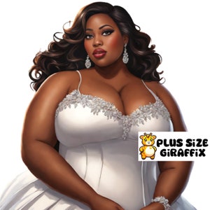 Black Woman White Wedding Dress Wall Art, Printable Art, Instant Download, Plus Size Clipart, Plus Size Black Girl Illustration, Black Art