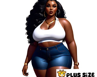 Curvy Woman SVG, Jean Shorts, Black Printable AI Art, Instant Download, Sexy Plus Size Wall Art, PNG Clipart, Cricut Print Then Cut