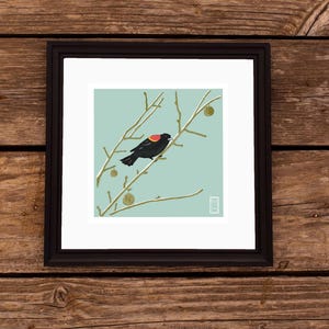 Red Winged Blackbird linocut style print bird lover gift birder gift bird decor