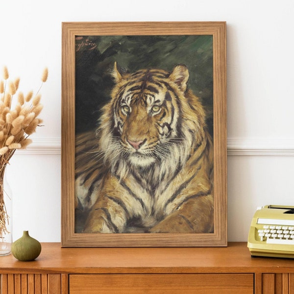Antiek Wildlife olieverfschilderij - Vintage Tiger Print, Dierlijke Portretten, Europese Zoölogie, 19e-eeuwse Home Decor, Wilde Kat Fine Art