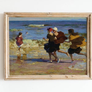 Pintura al óleo de playa vintage - Impresión de escena costera antigua, Paisaje marino costero, Arte de pared del siglo XX, Ocean Waves Seashore Póster