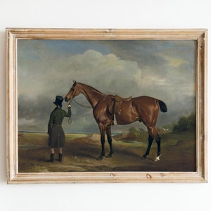 Antique Horse Oil Painting - Vintage Equestrian Print, Brown Chestnut Horse, 19th Century English Countryside, Animal Art