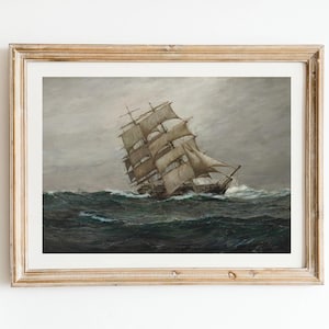 Vintage Segelschiff Druck - Antikes Ölgemälde eines Schiffes auf See, Britische Malerei, Stürmisches Meer Wand Kunst Poster, Marine Nautische Kunst