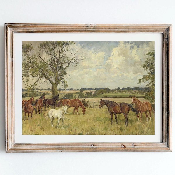 Vintage cheval peinture - impression d'art équestre antique, peintures à l'huile de paysages animaliers, art équin britannique du 20e siècle, décoration de ferme