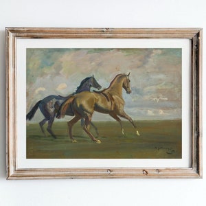 Vintage Horse Painting - Antique Print Of Two Race Horses, Animal Oil Paintings, 20th Century British Equestrian Art, Farmhouse Decor
