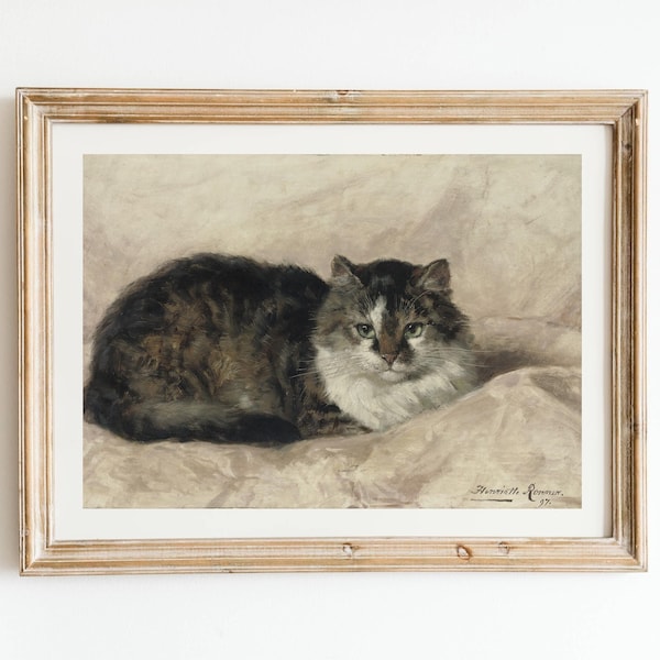 Vintage Cat Oil Painting - Antique Animal Print, Pet Cat Portrait Gift, Feline Kitten, 19th Century Dutch Art