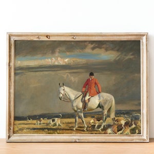 Vintage Horse Painting - Antique English Equine Decor, British Fox Hunt Print, Huntsman On Grey Horse With Dogs, Equestrian Oil Paintings