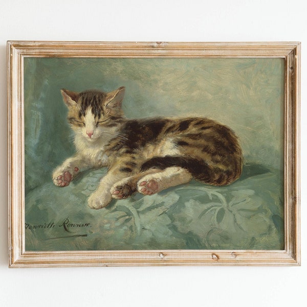 Antique Cat Oil Painting - Vintage Animal Print, Pet Cat Portrait Gift, Feline Kitten, 19th Century Dutch Art