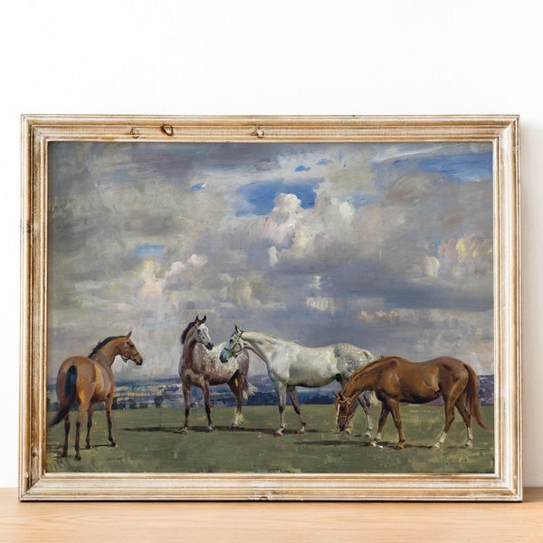 Vintage Horse Painting - Antique Print Of Horses, Animal Oil Paintings, 20th Century British Equestrian Art, Farmhouse Decor