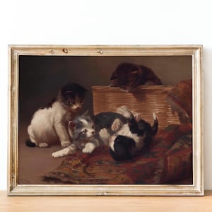 Antique Cat Print - Vintage Kitten Oil Painting, Feline Kittens, Pet Cat Portrait Gift, 19th Century Animal Fine Art