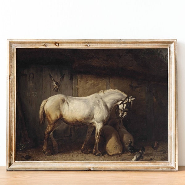 Cuadro de caballo vintage: grabado antiguo de un caballo gris en un granero, pinturas al óleo de animales, arte ecuestre del siglo XIX, decoración rústica de granja