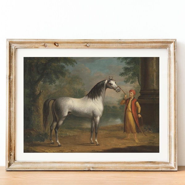 Peinture de cheval antique - impression vintage d'un étalon arabe, peinture à l'huile du XVIIIe siècle, art mural animal, estampes équestres