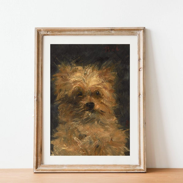 Vintage peinture à l'huile de chien - impression animalière antique, cadeau portrait de chien de compagnie, art rustique chiot Yorkshire Terrier, décoration d'intérieur du XIXe siècle