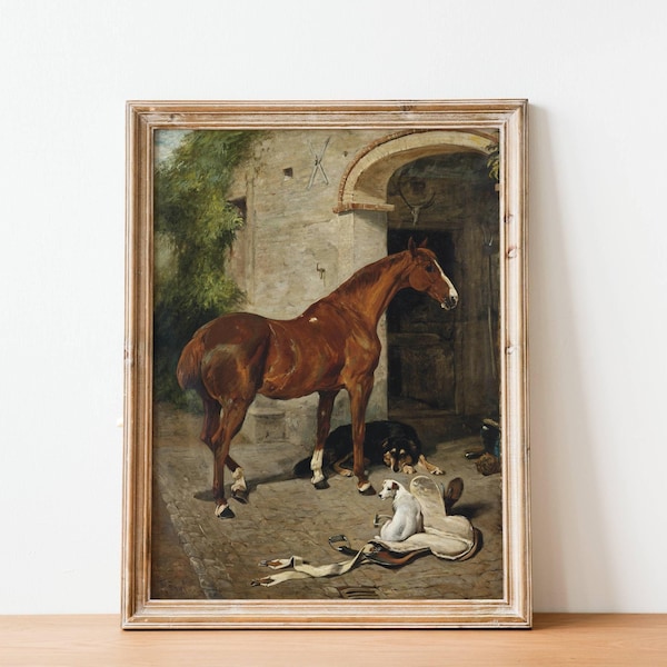 Vintage Chestnut Horse Painting - Antique Print Of Horse And Dogs, Animal Oil Paintings, 19th Century British Equestrian Art