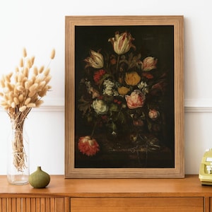 Antique Flower Painting - Vintage Bouquet Still Life Art, 17th Century Dutch Oil Painting, Dark Floral Wall Art Print