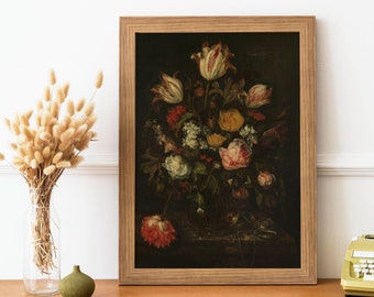 Antique Flower Painting - Vintage Bouquet Still Life Art, 17th Century Dutch Oil Painting, Dark Floral Wall Art Print