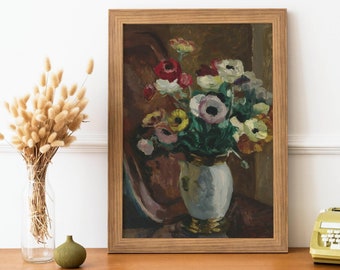 impression de fleur d'anémone vintage - peinture de bouquet antique, affiche d'art de mur botanique, peinture à l'huile du 20ème siècle, impression florale de nature morte
