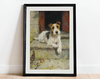 Pintura al óleo de perro antiguo: impresión vintage de animal, retrato de perro, arte de cachorro de fox terrier, decoración del hogar del siglo XIX