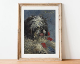 Antique Dog Oil Painting - Vintage Animal Print, Pet Dog Portrait Gift, Tibetan Terrier Puppy Rustic Art, 19th Century Home Decor