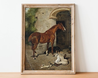 Vintage Chestnut Horse Painting - Antique Print Of Horse And Dogs, Animal Oil Paintings, 19th Century British Equestrian Art