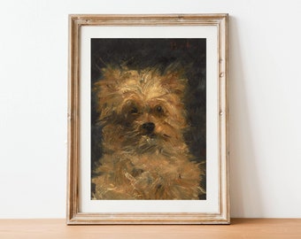 Vintage Dog Oil Painting - Antique Animal Print, Pet Dog Portrait Gift, Yorkshire Terrier Puppy Rustic Art, 19th Century Home Decor