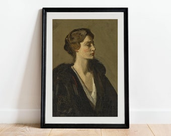 Vintage vrouwelijk portretschilderij - antiek olieverfschilderij van vrouw, jonge dame muurkunstdruk, 20e-eeuwse Britse schilderijen