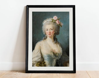 Vintage Portrait Painting Of A Woman With Flowers - Antique French Wall Decor, European Fine Art Print, 18th Century Vintage Oil Painting