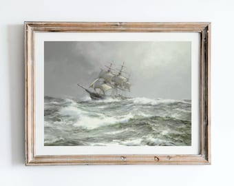 Vintage Sailing Ship Print: 19th Century Maritime Oil Painting, Stormy Sea, European Nautical Art