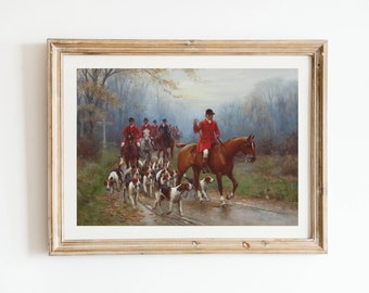Vintage Equestrian Print - Antique English Equine Decor, British Fox Hunting Art, Huntsmen With Horses And Dogs, Horse Oil Paintings