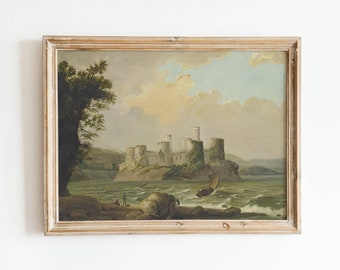 peinture de forteresse médiévale vintage - impression antique du château de Conwy, paysage de campagne du nord du Pays de Galles, art de l'histoire galloise du XVIIIe siècle