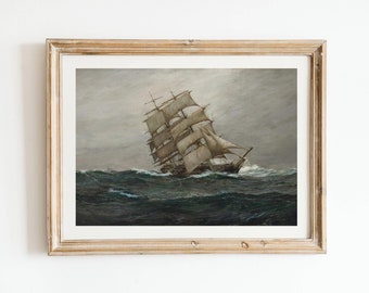 Vintage Sailing Vessel Print - Antique Oil Painting Of Ship At Sea, British Paintings, Stormy Ocean Wall Art Poster, Marine Nautical Art