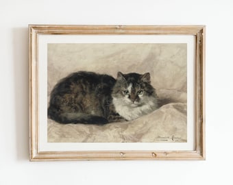 Vintage Cat Oil Painting - Antique Animal Print, Pet Cat Portrait Gift, Feline Kitten, 19th Century Dutch Art