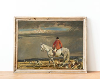 Vintage Horse Painting - Antique English Equine Decor, British Fox Hunt Print, Huntsman On Grey Horse With Dogs, Equestrian Oil Paintings
