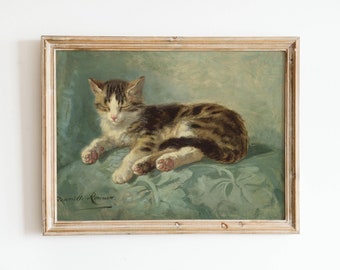 Antique Cat Oil Painting - Vintage Animal Print, Pet Cat Portrait Gift, Feline Kitten, 19th Century Dutch Art